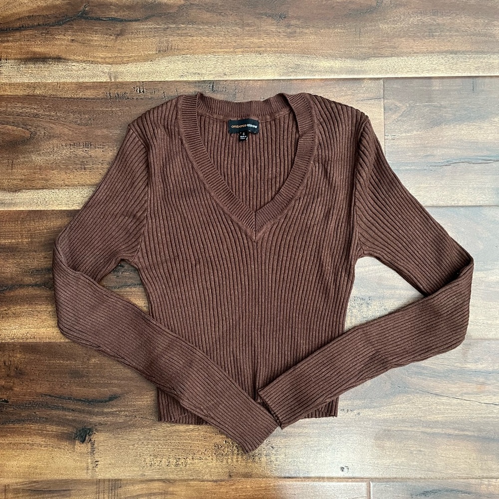 Brown Long Sleeve Ambiance Apparel Cropped Top